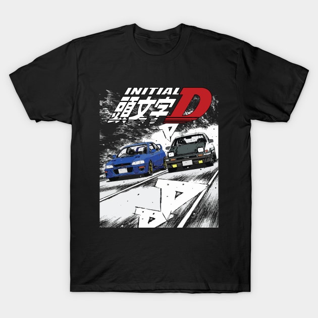 Takumi Fujiwara 86 vs Bunta Fujiwara Sti Drift Car Battle T-Shirt by cowtown_cowboy